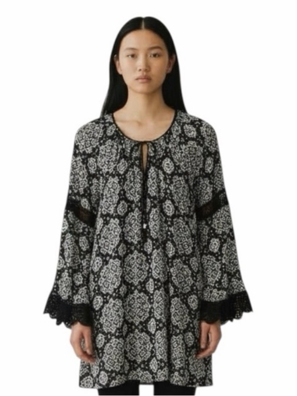 Lovestitch Black and White Boho Long Blouse Flare Sleeve Tie Front size Medium
